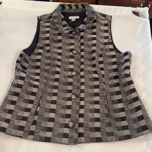 Women XL  Tweed Vest Button Front – Brown Beige Plaid Vest Jacket, Classic Vest